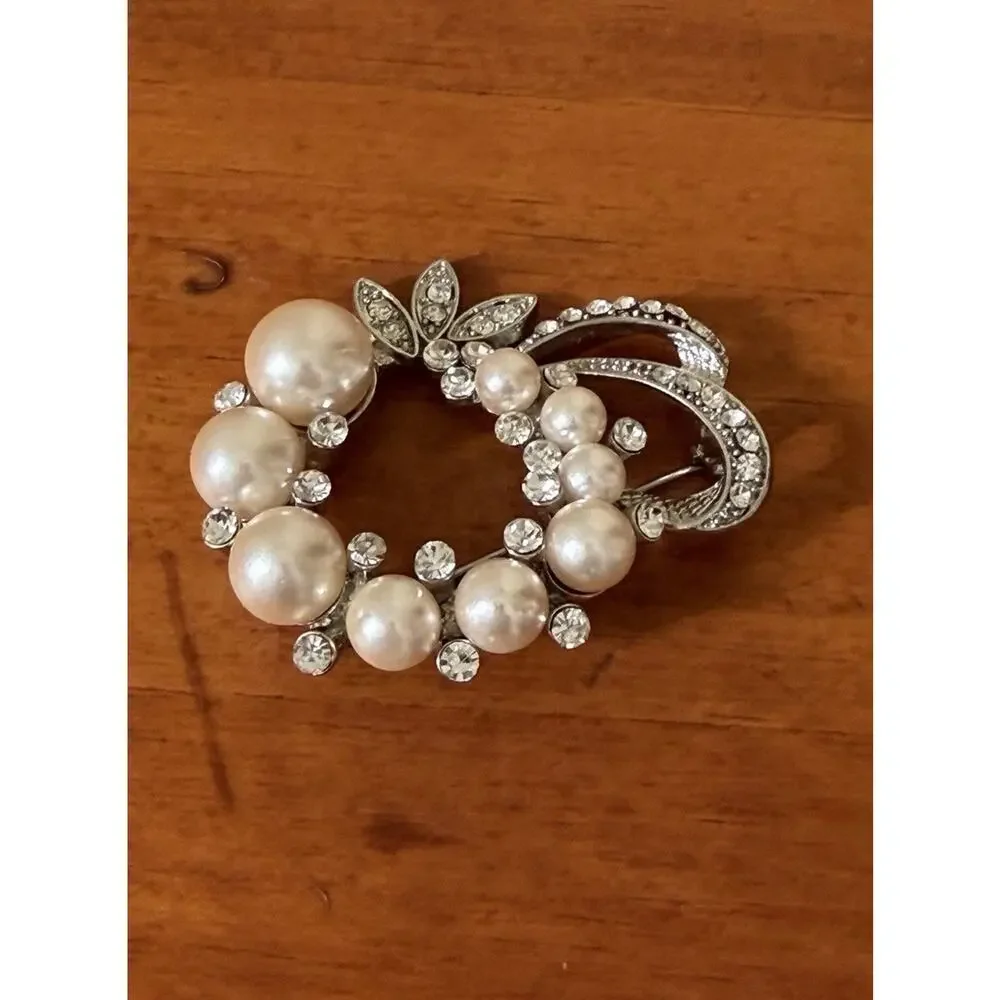 Silver Tone Faux Pearl Rhinestone Wreath Brooch Vintage Style Timeless Feminine